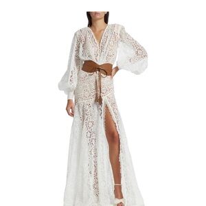 Bronx and Banco White Lace Maxi Dress with Brown Waist Tie